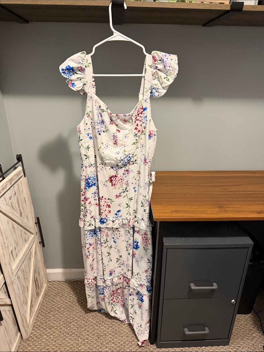 White Floral Ruffle-Sleeve Maxi Dress